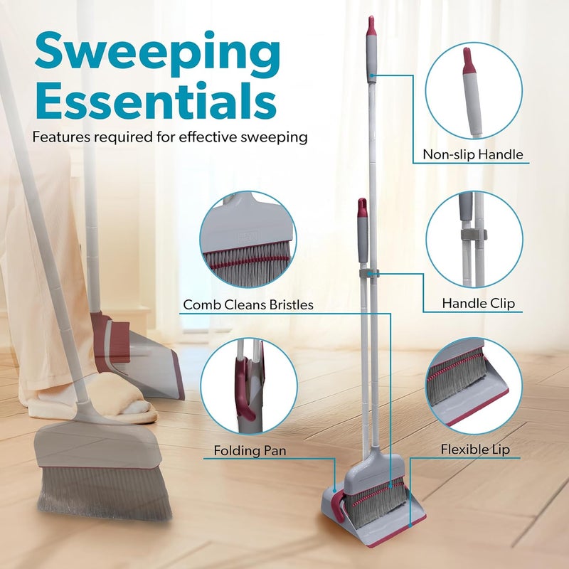 BLACK+DECKER Butler Broom & Dustpan Set - Stand-Up Design - Lightweight, Space-Saving Combo for Kitchen, Living Room, Bathroom, Lobby Floors - Home Cleaning Essential, Light Gray/Burgundy - Image 5
